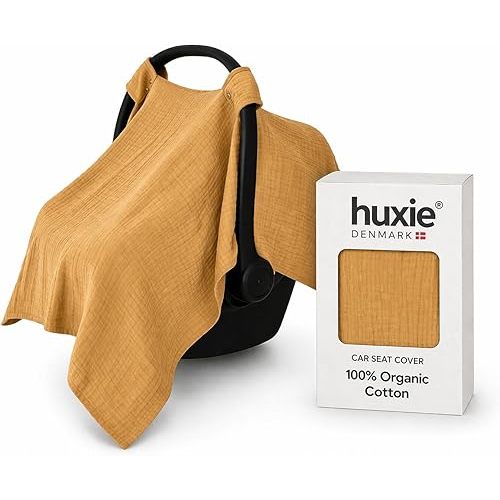 Huxie Car Seat Cover, 100% Organic Cotton Muslin, Canopy 32"x43" Autumn Yellow