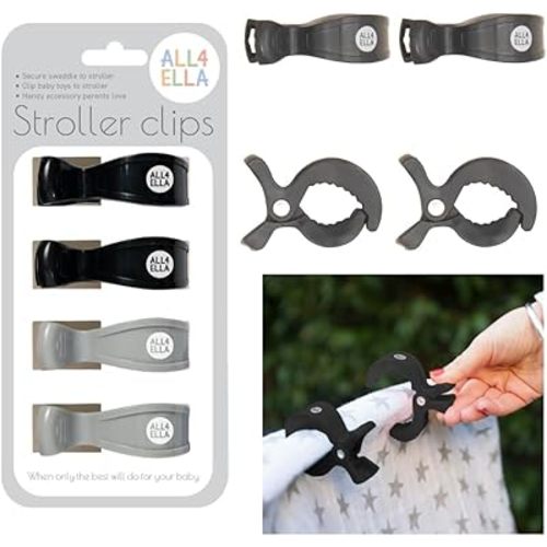 All4Ella Baby Blanket Stroller Clips (4 Pack) | Hooks Muslin to Stroller | Australian Baby Product | Infant/Toddler | Black/Grey