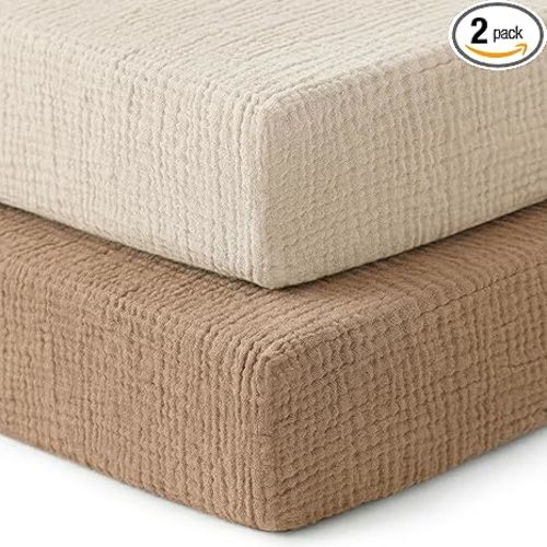 Muslin Crib Sheets, 2 Pack, Fitted for 52"x28" Crib Mattress, Brown & Beige