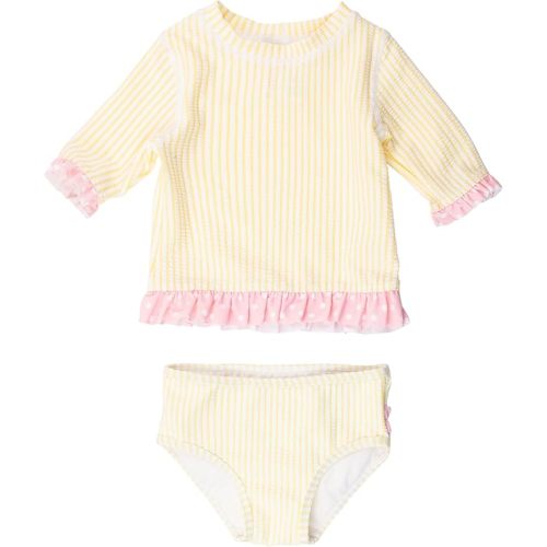 RuffleButts Baby/Toddler Girls UPF50+ Sun Protection Seersucker Short Sleeve Ruffle Rash Guard Bikini