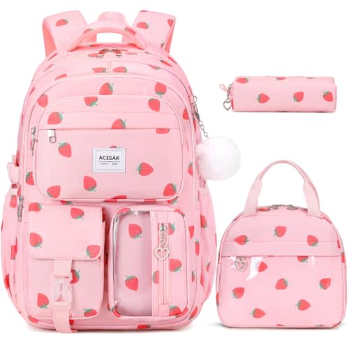ACESAK Backpack for Girls - Girls Backpack with Lunch Bag & Pencil Pouch for Teen Kids Laptop Backpack for Women, Elementary Middle High School Bookbag Travel Daypack (Pink Strawberry)