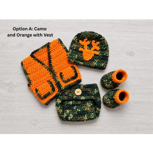 Newborn Camo Hunting Outfit, Deer Hunter Outfit, Baby Photo Prop, Woodland Nursery, Baby Hunting Gift, Hunting Hat, Diaper Cover and Vest