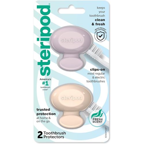 Steripod Clip-On Toothbrush Protector, Keeps Fresh and Clean, Fits Most Manual and Electric Toothbrushes, Pink and Blue, 2 Count (Pack of 1)