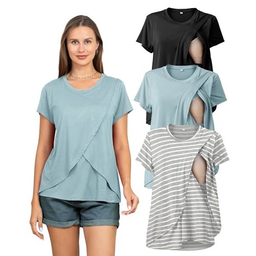 Rnxrbb 3 Pack Women's Nursing Tops for Breastfeeding Summer Short Sleeve T Shirts Postpartum Double Layer Clothes