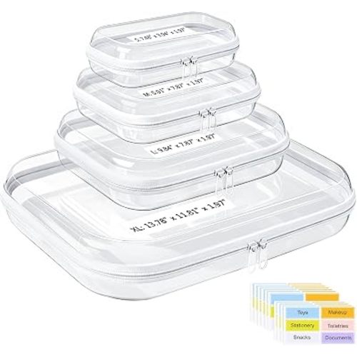 4 Pack Clear Hard Shell Zipper Case with Labels, 4 Sizes (S+M+L+XL)