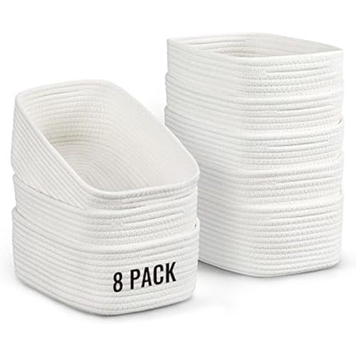 8 Pack Small Storage Baskets for Organizing, Woven Rope Bins for Bathroom, Closet, Shelf Organizer, Cute Cube Decorative Box for Towels, Baby Nursery, Toys, Gift Empty Baskets - 11.5"x7.5"x4.7"-White