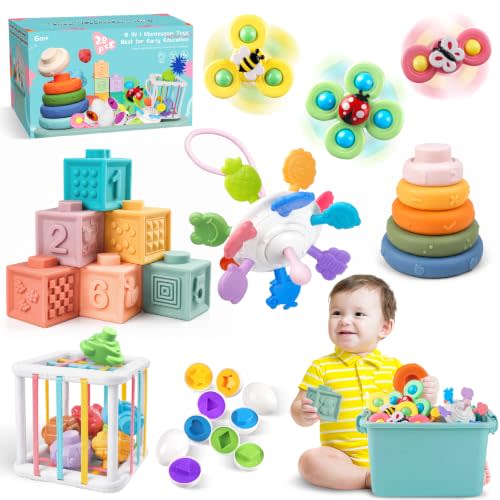 Plunack Montessori Baby Toys 6 in 1 Sensory Developmental Learning Set | Stacking Blocks, Rings, Pull String, Suction Cup Spinner, Matching Eggs & Sensory Bin, BPA-Free, Infant Developmental Skills
