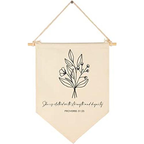 FYSIA Botanical Wall Art - Canvas Pennant Flag Banner - Proverbs 31:25 - Wall Decor for Nursery, Bedroom, Playroom - Lightweight, Unframed, Indoor