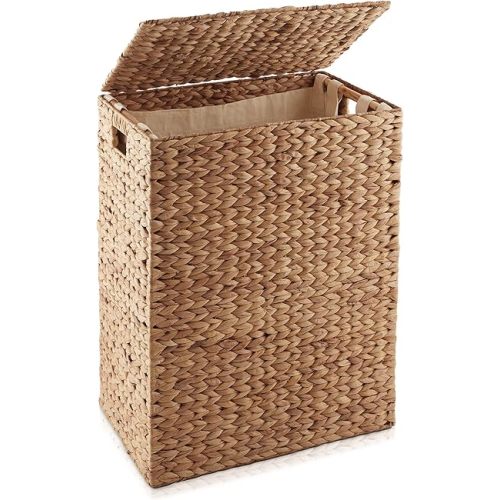 Casafield Large Laundry Hamper with Lid and Removable Liner Bag - Cinnamon, Woven Water Hyacinth Rectangular Laundry Basket Sorter for Clothes Towels
