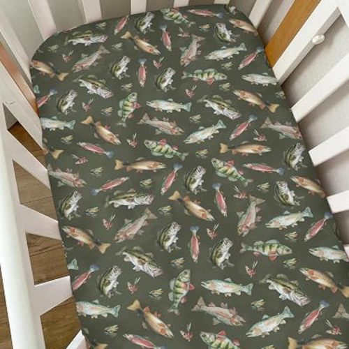 Neutral Fishing Baby Crib Sheets for Boys Vintage Bass Fishes Trout Soft Snug Fitted Crib Mattress Covers for 52''x28'' Standard Crib & Toddler Bed Mattress Outdoor Fishing Lovers Gift Baby Sheets