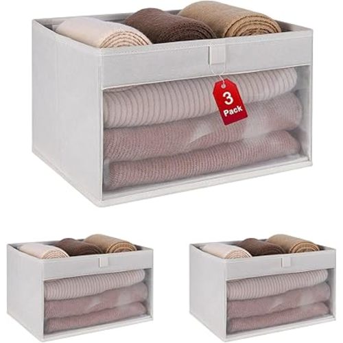 Closet Storage Bins, Fabric Organizer with Clear Window, Beige, Large, 3-Pack