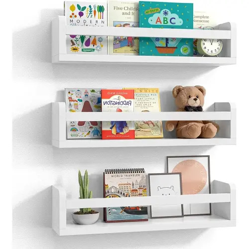 Floating White Wooden Nursery Wall Shelves, Set Of 3 – Wall-Mounted Book Storage For Kids’ Rooms