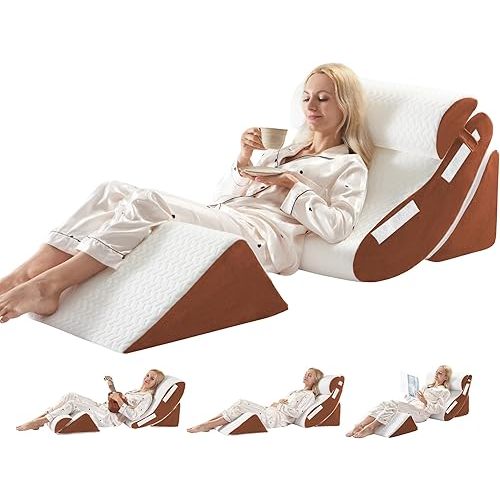 Orthopedic Bed Wedge Pillow Set 4PCS – Memory Foam Pillows for Sleeping, Post Surgery, Back Pain, Sitting Up in Bed, Acid Reflux, Snoring, Leg & Arm Support, White Brown