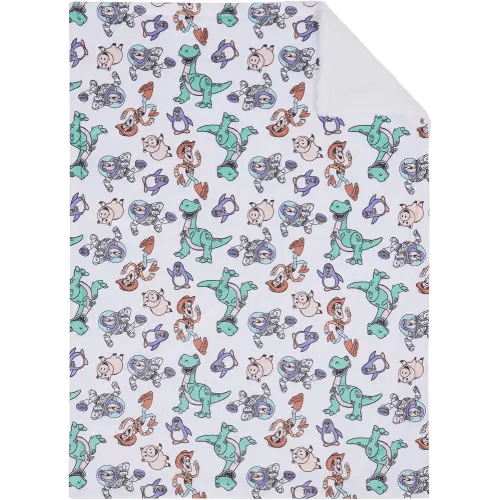 NoJo Disney Toy Story Play All Day Sherpa Baby Blanket - Woody, Buzz, Rex, Wheezy, and Hamm, Teal, Blue, and White (an Official Disney Licensed Product)
