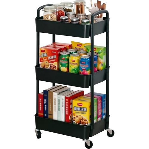 Sywhitta 3-Tier Plastic Rolling Utility Cart with Handle, Multi-Functional Storage Trolley for Office, Living Room, Kitchen, Movable Storage Organizer with Wheels, Black
