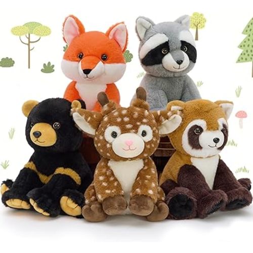 MaoGoLan 5 Pcs Woodland Animals Plushies Bulk Stuffed Woodland Toys Baby Shower Decorations, 8'' Grizzly Bear Deer Fox Raccoon Red Panda Forest Party Favors Easter Valentines Gifts for Girls