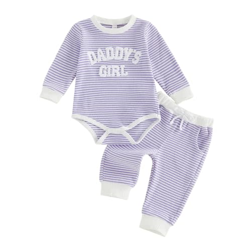 Daddy’s Girl Baby Outfits Newborn Girl Clothes Fall Winter Waffle Knit Stripe Long Sleeve Romper Top Pants Set