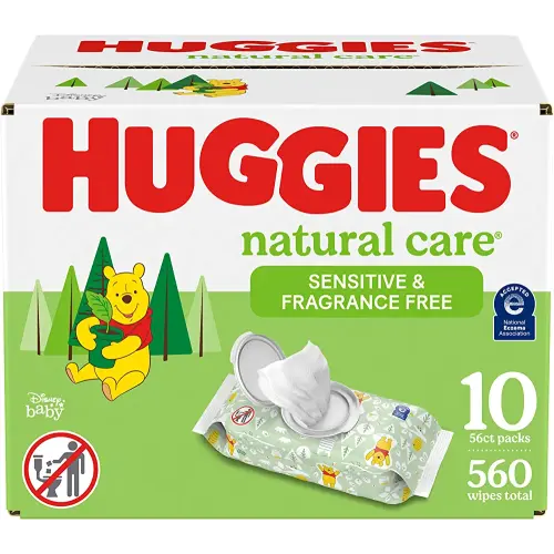 Huggies Natural Care Sensitive Baby Wipes, Unscented, Hypoallergenic, 99% Purified Water, 10 Flip-Top Packs (560 Wipes Total)