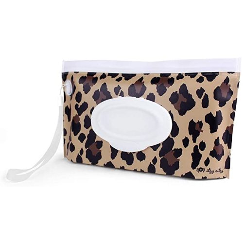Itzy Ritzy Travel Wipes Case - Reusable Wipe Pouch – Take & Travel Pouch Holds Up To 30 Wet Wipes, Includes Silicone Wristlet Strap, Leopard