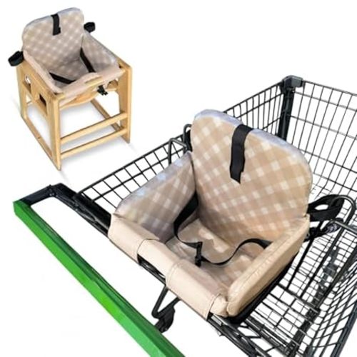 Shopping Cart Seat Cover for Baby, High Chair & Grocery Seat Protector, Padded Chair Covers for Restaurant Seats, Unisex Machine Washable Grocery Cart Liner & Swing Insert – Beige Checkered