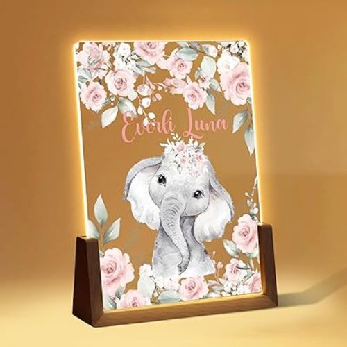 Personalized Baby Gift Nursery Night Light, Custom Name Lamp Gifts for Baby Boys Girls Kids Bedroom Decor, LED Acrylic Plaque with Wooden Frame Pink Elephant