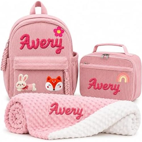 Personalized Girls Preschool Backpack and Lunch Bag Blanket Set with Name