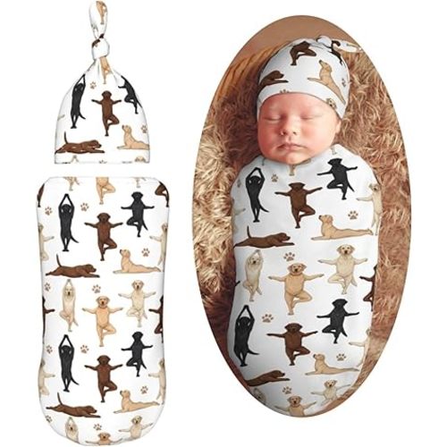 Funny Labrador Retrievers Dog Yoga Newborn Swaddle Blanket with Beanie Set Soft Baby Sleep Sack Stretch Adjustable Swaddle Wraps Receiving Blankets