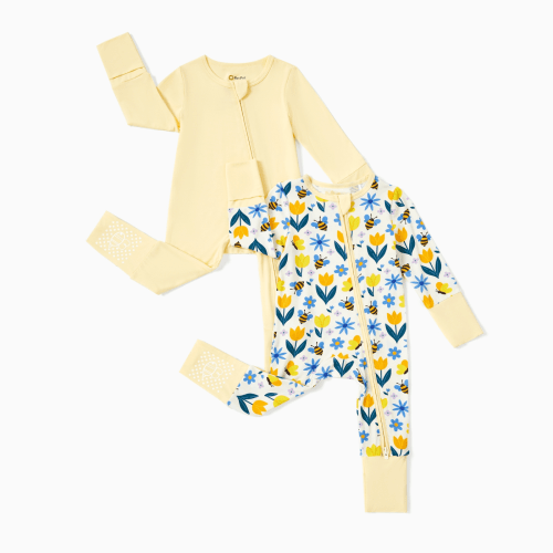PatPat Baby Clothes Pajamas Footie Romper with Mittens for Girls 2-Way Zipper Long Sleeve Viscose from Bamboo Outfit 2Pack 0-3 Months
