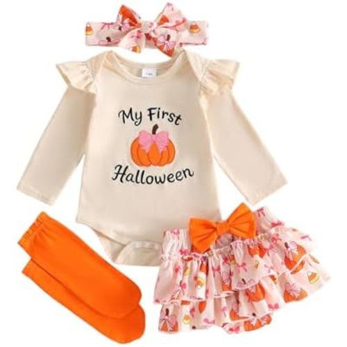My First Halloween Baby Girl Outfit Pumpkin/Ghost Romper Ruffle Layered Skort Headband Socks Set Cute Clothes