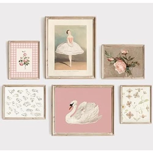 Nursery Pink Wall Art Decor Baby Girl Room Prints Vintage Nursery Floral Canvas Wall Decor Preppy Room Pictures Pink Swan Flower Paintings Artwork for Girls Bedroom 8x10 Inch Unframed Set of 6