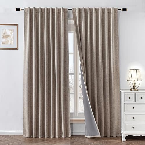 100% Blackout Curtains 84 inch Length 2 Panels Faux Linen Long Drapes for Bedroom Living Room Black Out Room Darkening Curtain Thermal Insulated Back Tab Rod Pocket(W52 x L84, Beige)