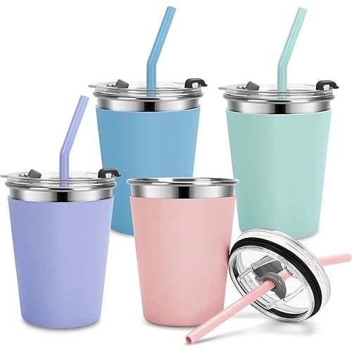 Kids Cups with Straws and Lids Leak Proof, 12oz Sippy Cups for Toddlers 1-3 No Spill, Spill Proof Cup Stainless Steel Kids Cup with Lids for School, Outdoor, 4 Pack