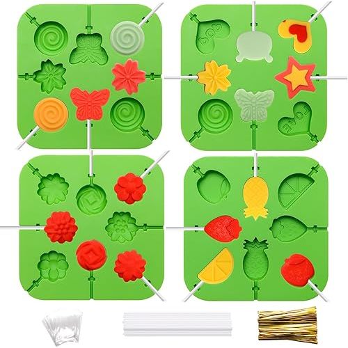 Lollipop Molds Shape, 4Pcs Silicone Molds for Lollipop, 3D Mold for Chocolate, Cute Shape Lollipop Maker Mold Kit for Making Lollipop, Hard Candy with 100 Sticks, 100 Bags and 100 Ties
