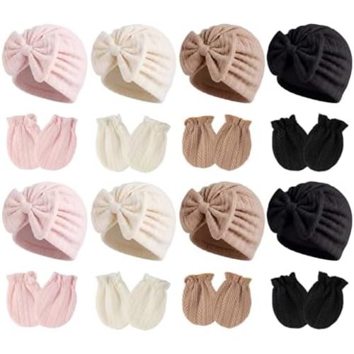 8 Sets Newborn Baby Hats & Mittens Cotton Preemie Infant Bow Beanies Caps Gloves Hospital New Born Boy Girl 0-3 Month (White,Black,Light Pink,Apricot)