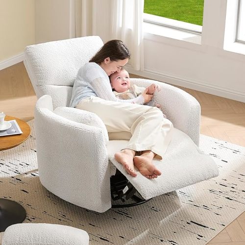 Jocisland Power Recliner Nursery Chair for Adults, Electric Swivel Rocking Glider with USB & Type-C Charge, Teddy Sherpa Armchair with 2 Pillows, Cozy Reclining Sofa for Living Room, Bedroom, White