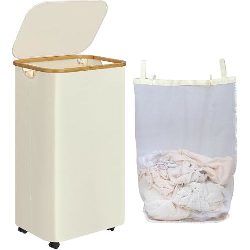 Laundry Hamper with Wheels,110L Laundry Basket with lid Rolling Clothes Basket Foldable Dirty Clothes Hamper on wheels with Bamboo Frame and Bag for Bedroom, Dorm, Laundry Room,Beige(29 Gal)