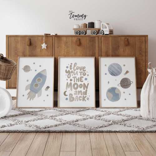 Space Nursery Prints: Rocket, Planets, Moon & Back Quote