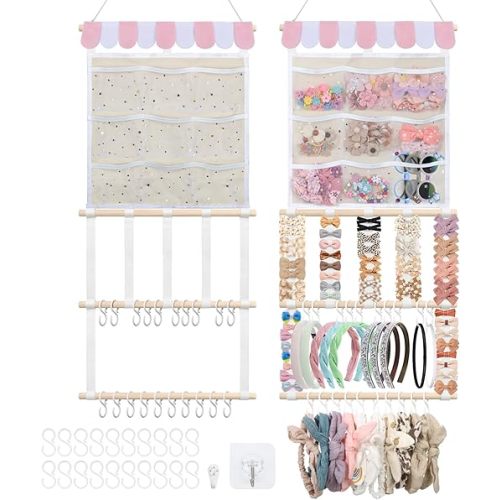 Munzong Headband Holder Hair Accessories Organizer, Pinkish White Bows Organizer for Girls, Nursery Wall Hanging Clip Storage w/ 20 Hooks, Rack Shelf for Toddler Kids Room Decor