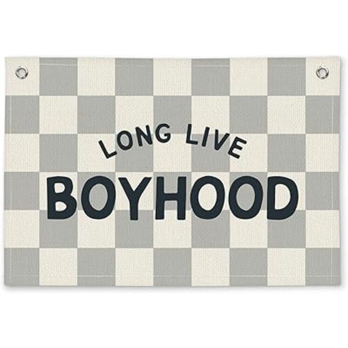 Long Live Boyhood Grey Checkered Boys Room Decor - Linen Banner Wall Hanging Canvas Banner Flag Decor for Toddler Boy Bedroom Nursery Playroom