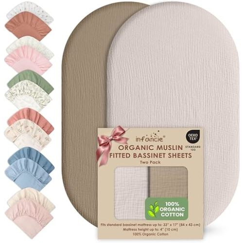 Infancie 100% Organic Cotton Muslin Baby Bassinet Baby Sheet 33 X 17 Inch Soft Breathable Lightweight Stretchable Bed Sheet 2 Pack Gentle On Skin Durable Snug Fit Sheet for Newborn Bassinet Mattress