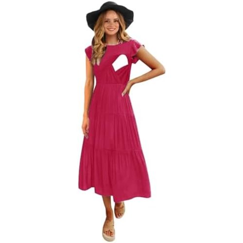 Womens Flutter Short Sleeve Smocked Tiered Nursing Dress for Breastfeeding