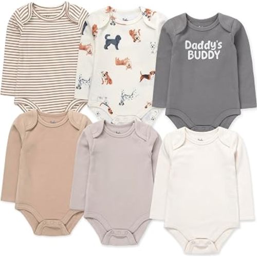 Baby Essentials 6-pack Long Sleeve Bodysuits,Solid & Printed Designs, Soft Stretch Polyester Spandex, Snap Closure
