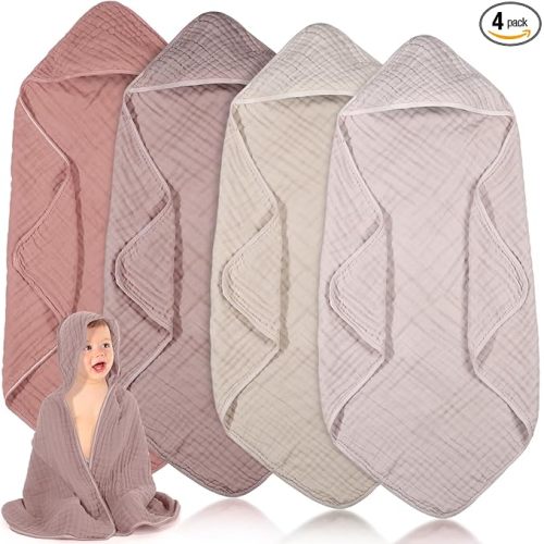 Peryiter 4 Pcs Muslin Hooded Baby Towels 32 x 32 Inch Cotton Newborn Bath Essentials Muslin Infant Blankets Absorbent Registry Gifts for Girl Boy Kids Baby Shower (Beige Series)