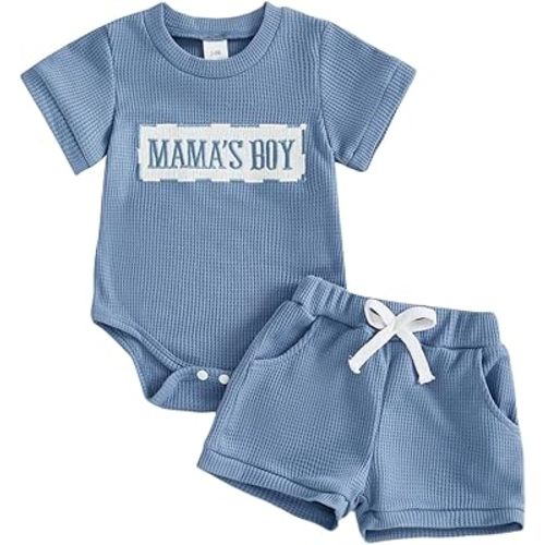 MERSARIPHY Newborn Baby Boy Summer Clothes Mama's Boy Little Dude Short Sleeve Romper Shorts Set Infant Waffle Knit Outfit