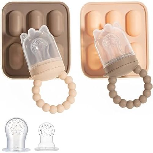 Silicone Baby Fruit Feeders with Freezer Tray for Batch Prep, Set of 2 – Safe & Convenient, Includes Extra Pouches & Travel Lids, Dishwasher Safe