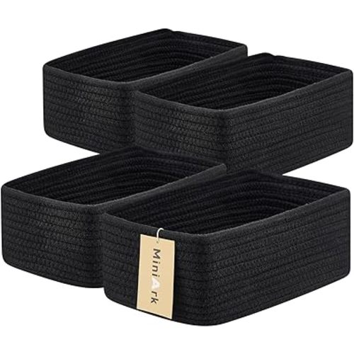 MiniArk Small Storage Baskets for Organizing | Closet Organizer Bins | Shelf Toy Basket | Woven Rope Baskets | Cube Decorative Box | Shallow Basket | 11.5x7.5x4.7” | 4 Packs Black