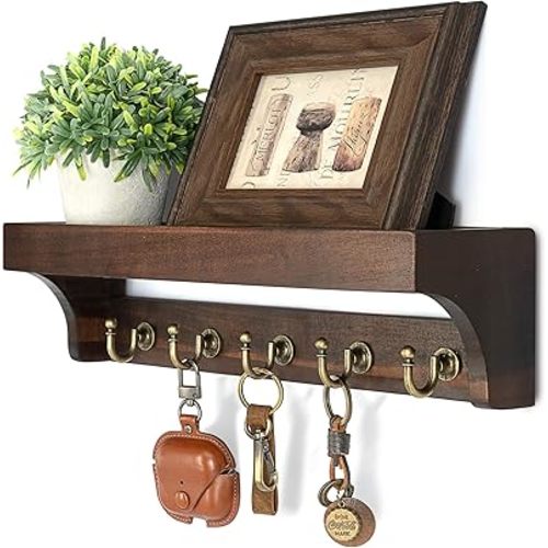 Rebee Vision Acacia Wood Key Holder Wall Mount for Room Decor – Rustic Key Holder for Wall with Shelf for Displaying Plants – Stylish Entryway Organizer for Apartment (Dark Acacia)