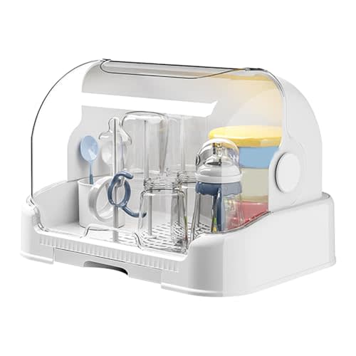 Baby Bottle Drying Rack with Lid, Dustproof Baby Bottle Storage Box with Removable Drain Tray, Space Saving Baby Bottle Rack Dryer - Reusable Bottle Rack Holder for Baby, White