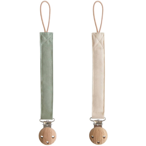 mushie Linen Baby Pacifier Clip Holder | Soft Fabric Strap, 2-Pack (Olive/Shifting Sand)