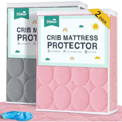 Crib Mattress Protector Sheets Waterproof 2 Pack, Quilted Crib Mattress Pad Cover Fitted Fits for Baby Toddler Bed Mattress, Grey & Pink, 52” x 28”